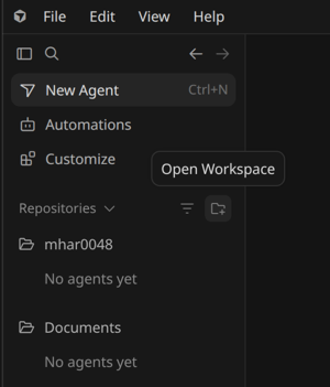 Screenshot of Cursor's open workspace button