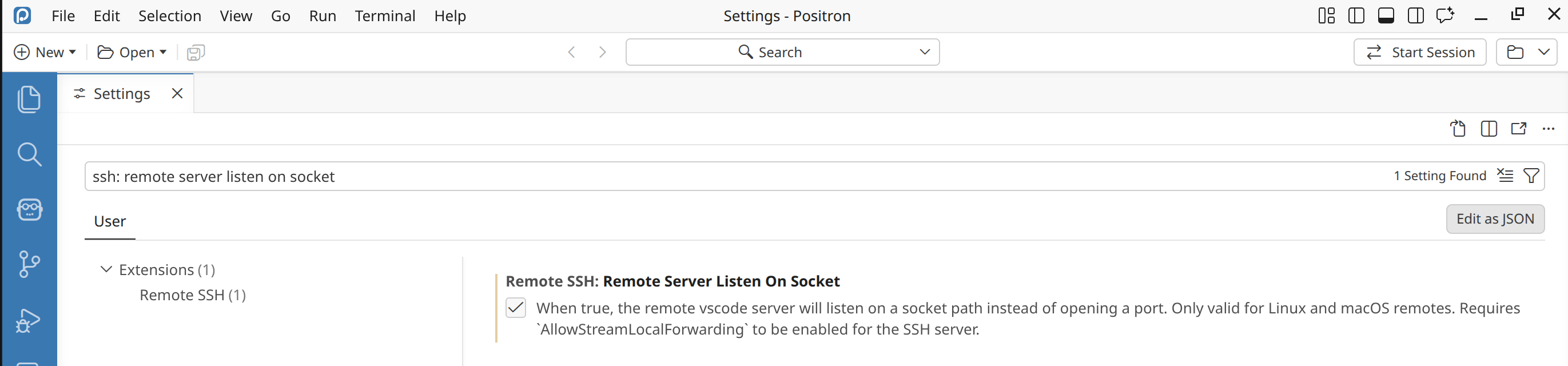 Screenshot of Positron's remote server listen on socket setting