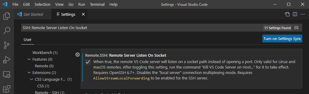 Screenshot of VS Code's remote server listen on socket setting